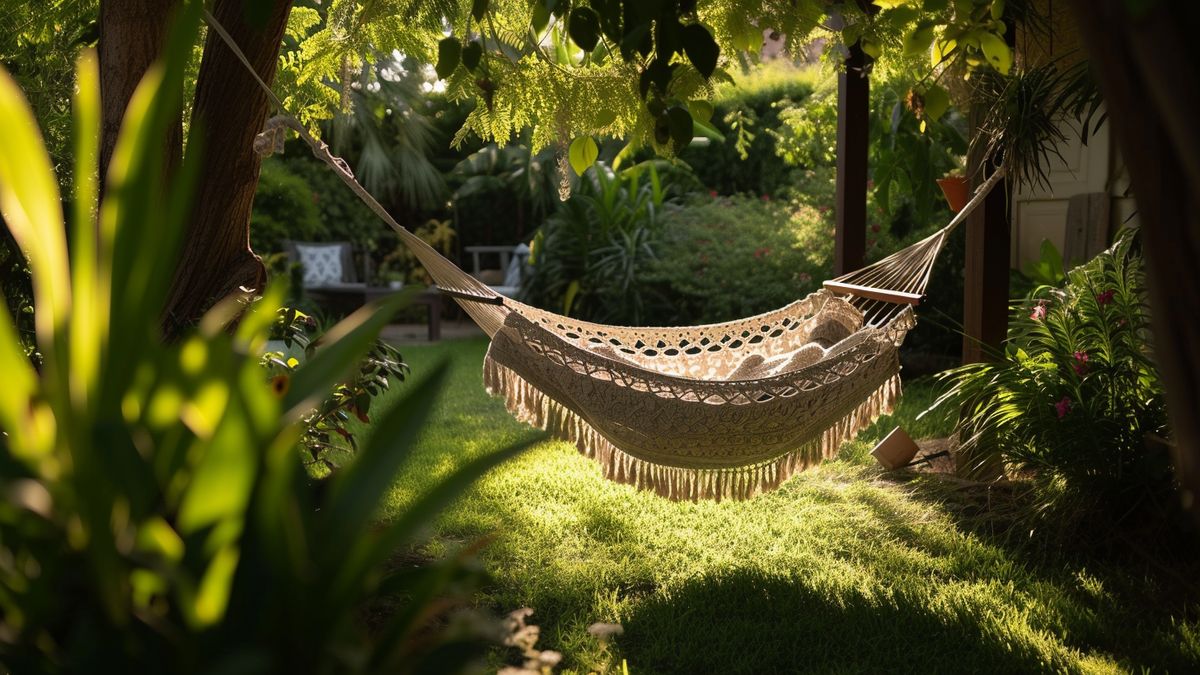 Relaxing in a hammock surrounded by a lush backyard garden