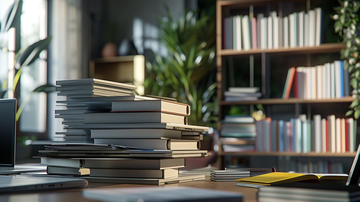 Invoicing software packages stacked in a modern office environment promoting efficiency.