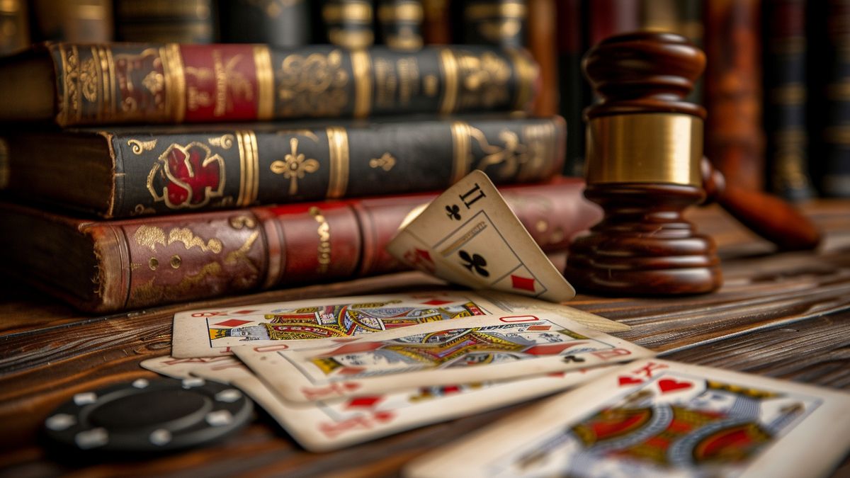 Playing cards with legal documents in the background, symbolizing the legality of escort services in Strasbourg.