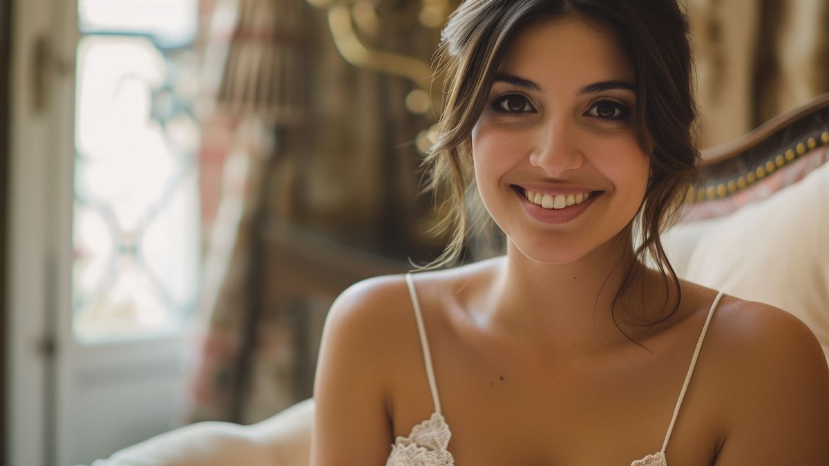 Confident escort smiling warmly, surrounded by luxurious furnishings in Strasbourg apartment.