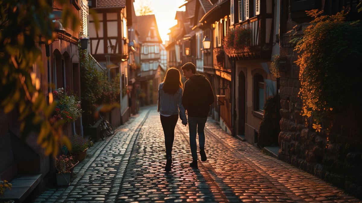 Lovers embracing on the romantic cobblestone streets of Strasbourg at sunset.